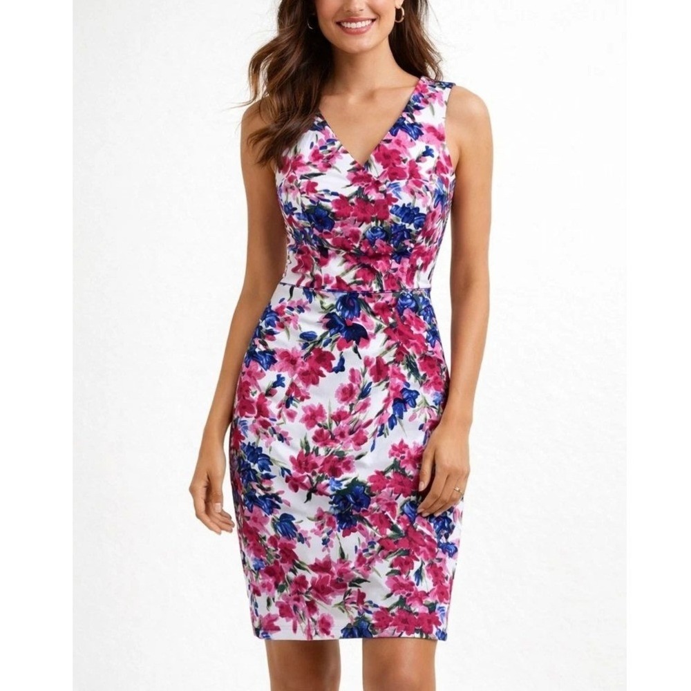 Talbots Floral Cotton V-Neck Sheath Dress Pink Blue White Size 10